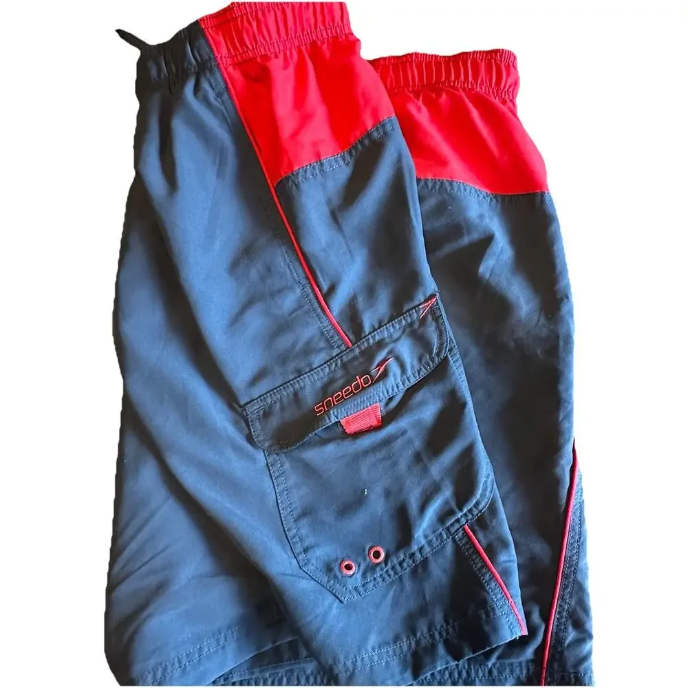 Speedo Mens 2XL Gray Red Cargo Drawstring Board Shorts Swim Trunks‎